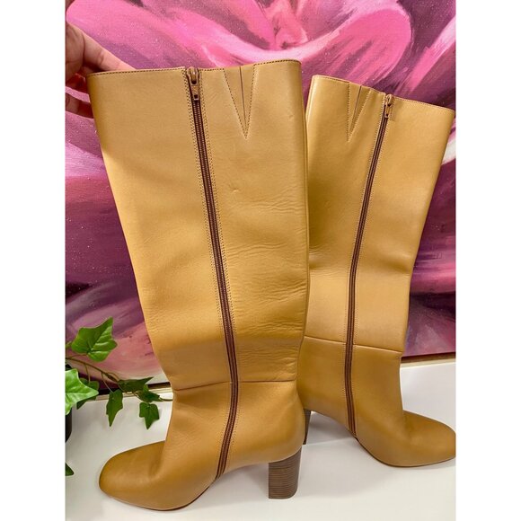 PAIGE Keely Tan Leather Knee-High Block Heel Boots, Side Zip Closure Size 10.5 - Picture 10 of 16
